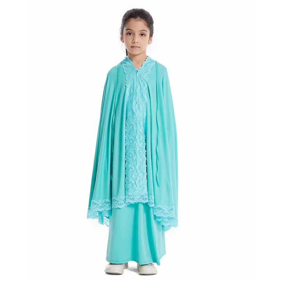 Ramadan Eid Kaftan Girls Khimar Abaya Set Kids Dubai Turkey 2 Piece Hijab Muslim Dress Islam Khimar Skirt Robe Prayer Clothes