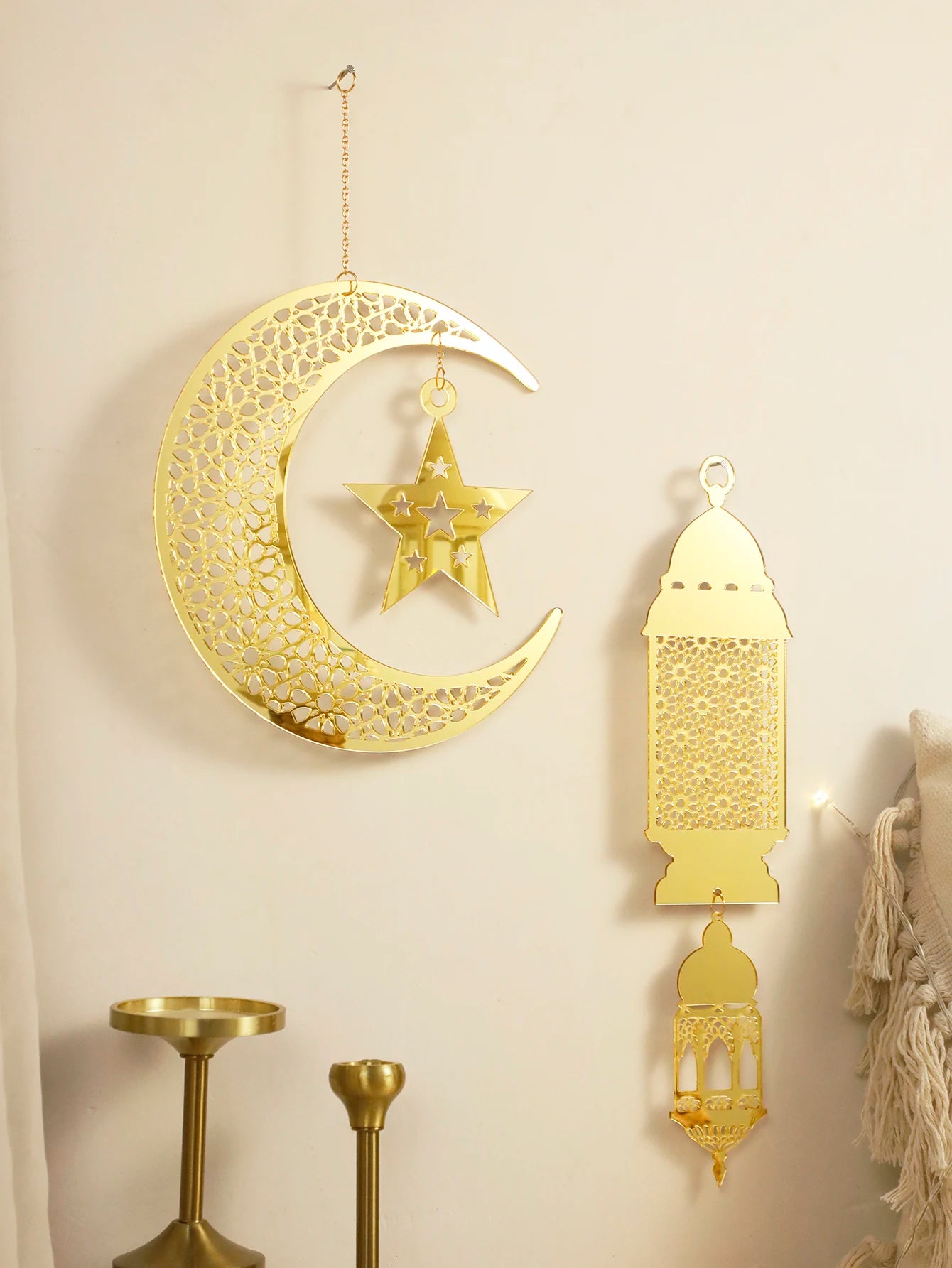 Gold Ramadan Acrylic Moon Hanging Ornaments with Hollow Mesh Star，Eid Mubarak Muslim Decor，Lanterns Wall Decor，Ramadan Kareem