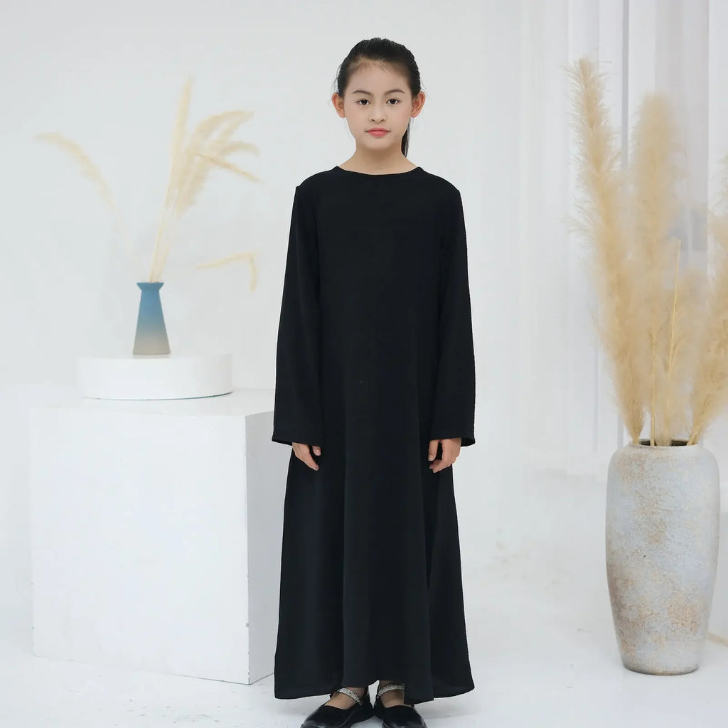 Muslim Kids Abaya Middle East Arab Children Long Sleeves Plain Color Dress Turkey Robe Islamic Girls Round Neck Clothing Modest