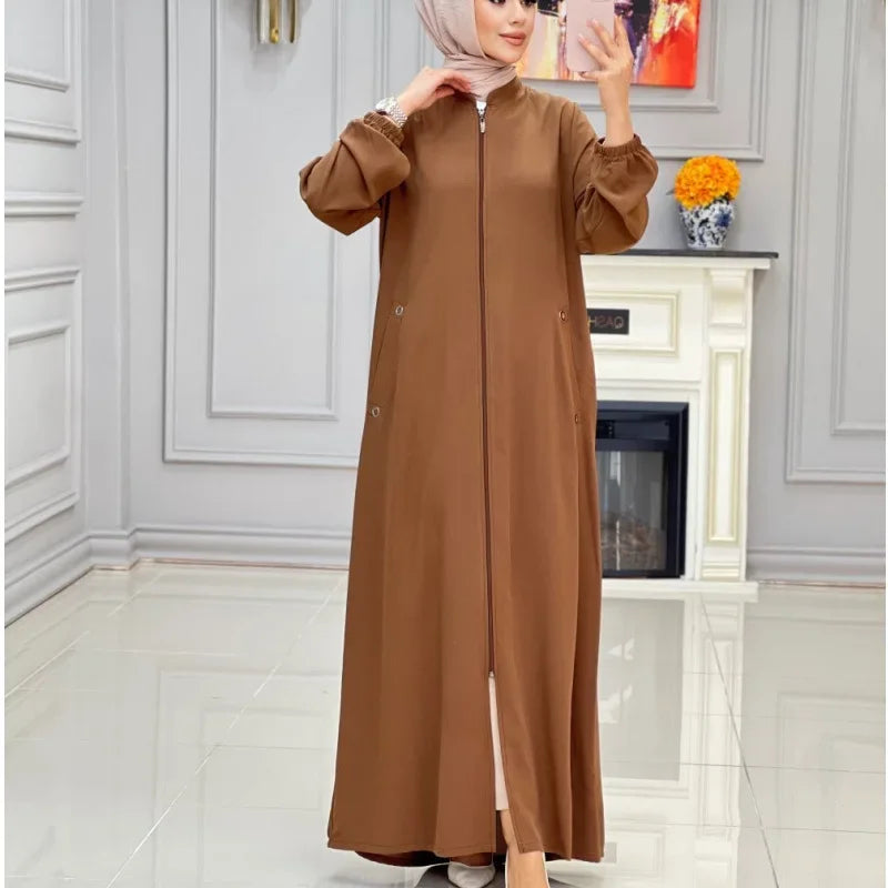 Middle East Dubai New Hot Sale Of The Season Women's Fashion Stand Collar Zipper Pocket Loose Casual Dress Gown Comfortable Eleg