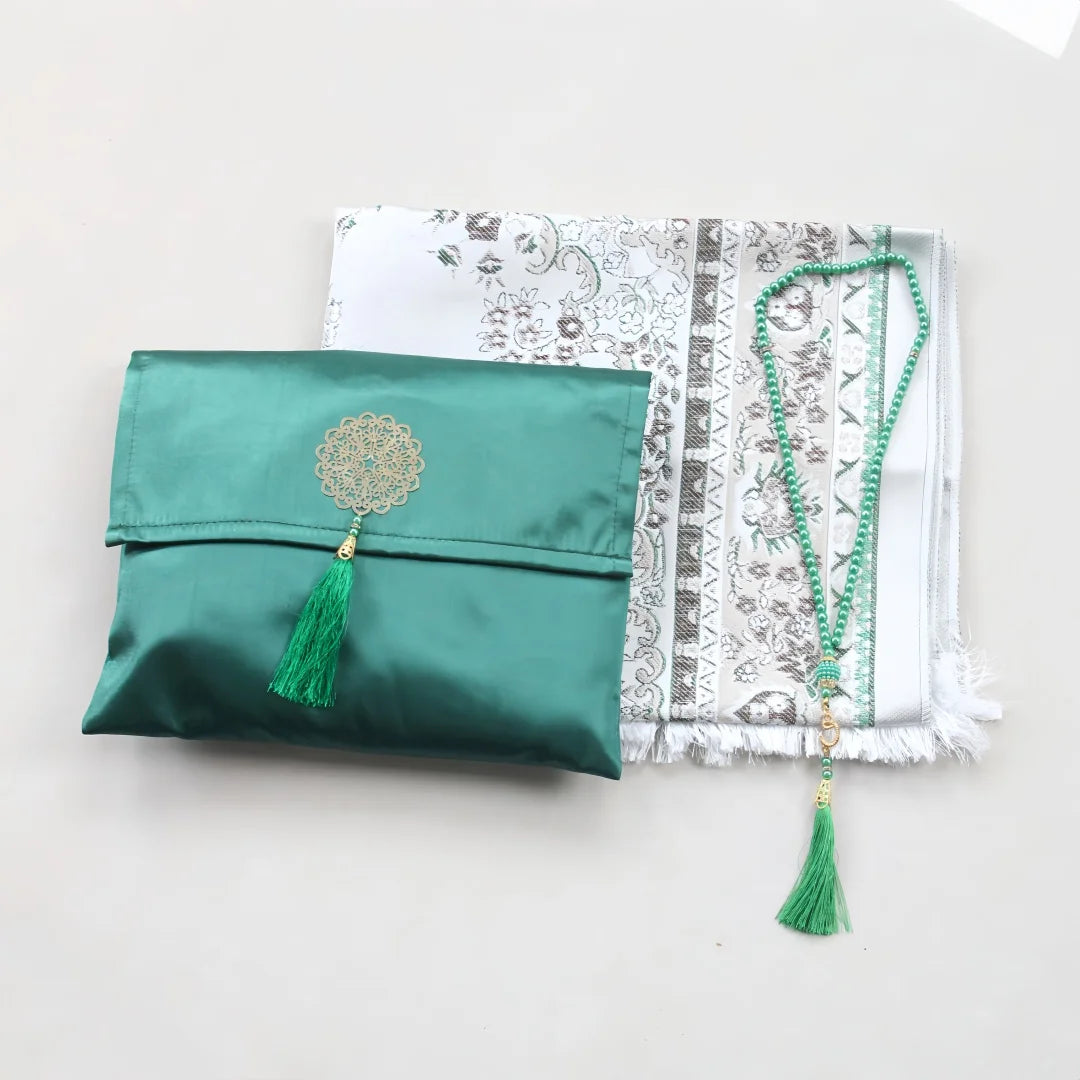 Muslim Prayer Rug and Beads with Portable Elegant Fabric Bag Soft Islamic Prayers Rug Islamic Gifts for Eid Travel Prayer Mat