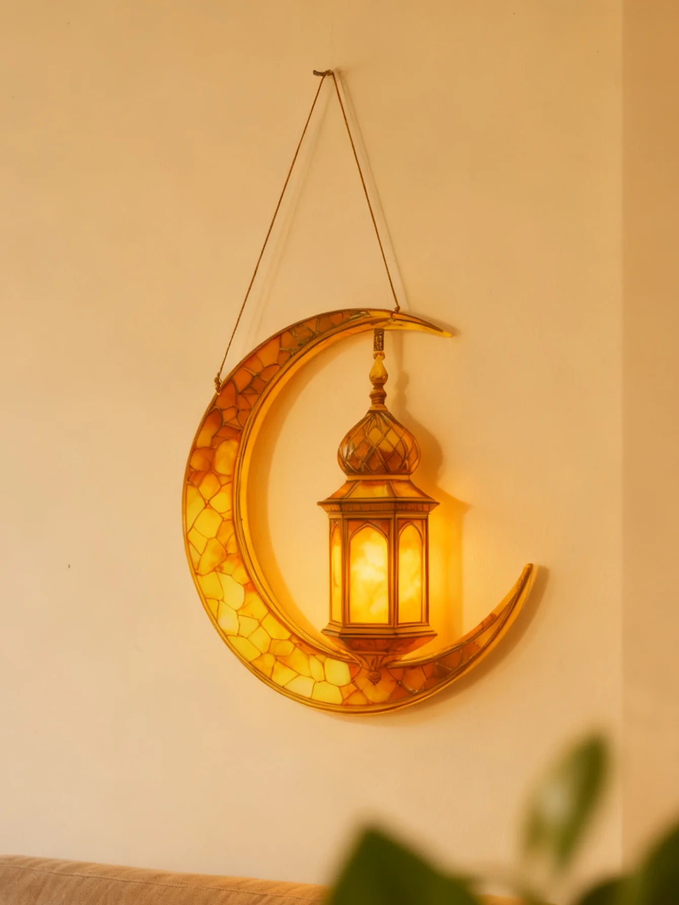 Islamic Moon Star Lantern Hanging Decor - Acrylic Eid Mubarak Ornament for Ramadan Kareem Muslim Festival Home Window Wall Decor