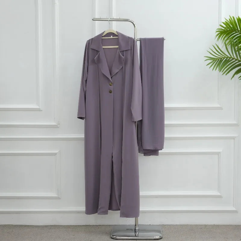 Ramadan Muslim Modest Dress for Women Elegant Two-piece Dubai Blazer-collar Abaya with Hijab Eid Islamic Turkey Kaftan Robe