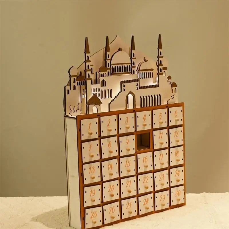 587F Eid Ramadans Countdown Calendar with LED Light and 30 Small Drawers Advent Decors for Islamics Parties Celebration