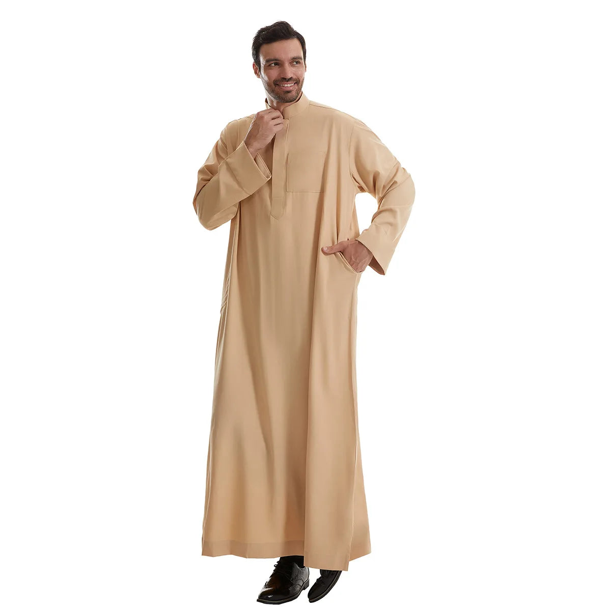 Men's Kaftan Khaki Black Long Sleeve Stand Stand-up Collar Soft Fabric Abayas Africa Saudi Thobe Elegant Outdoor Clothing