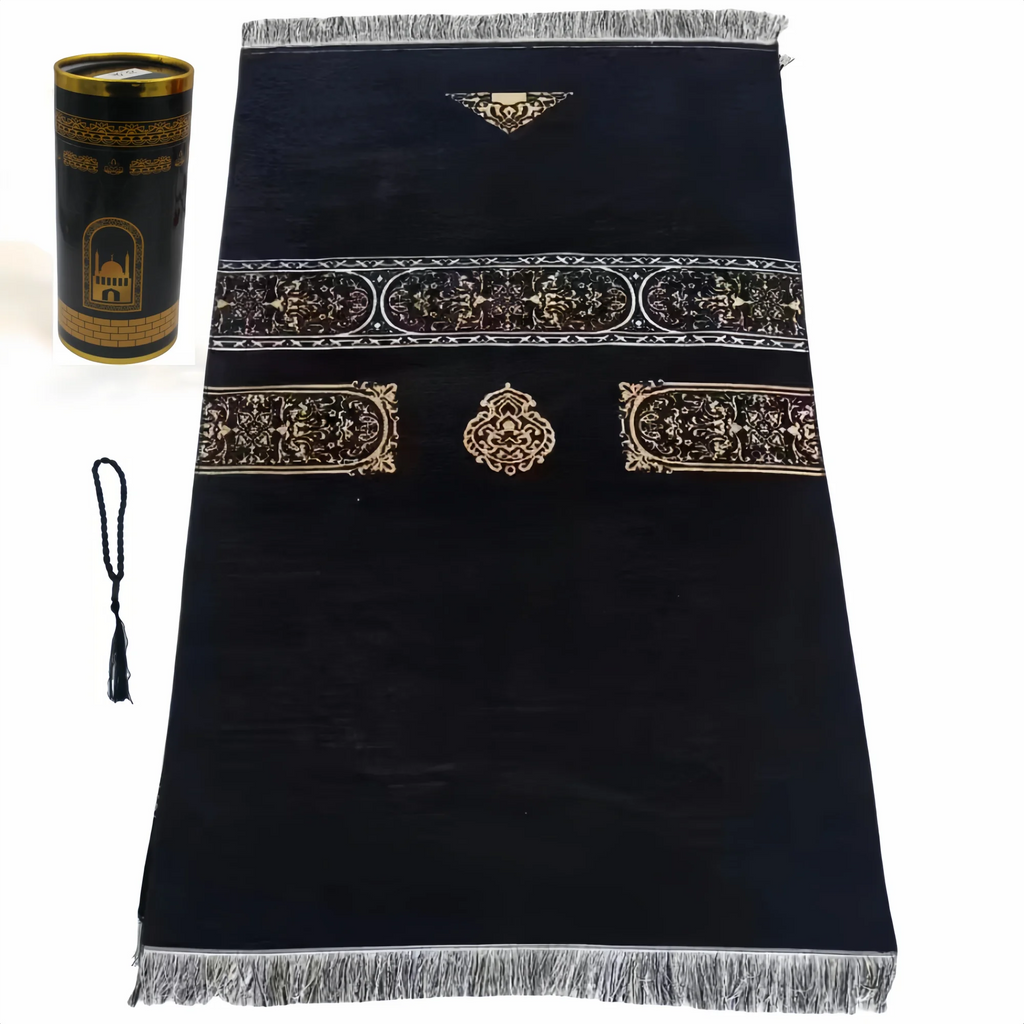 Muslim Prayer Rug and Prayer Beads with Elegant Design Cylinder Gift Box Soft Islamic Gifts Set Carpet Mat Black