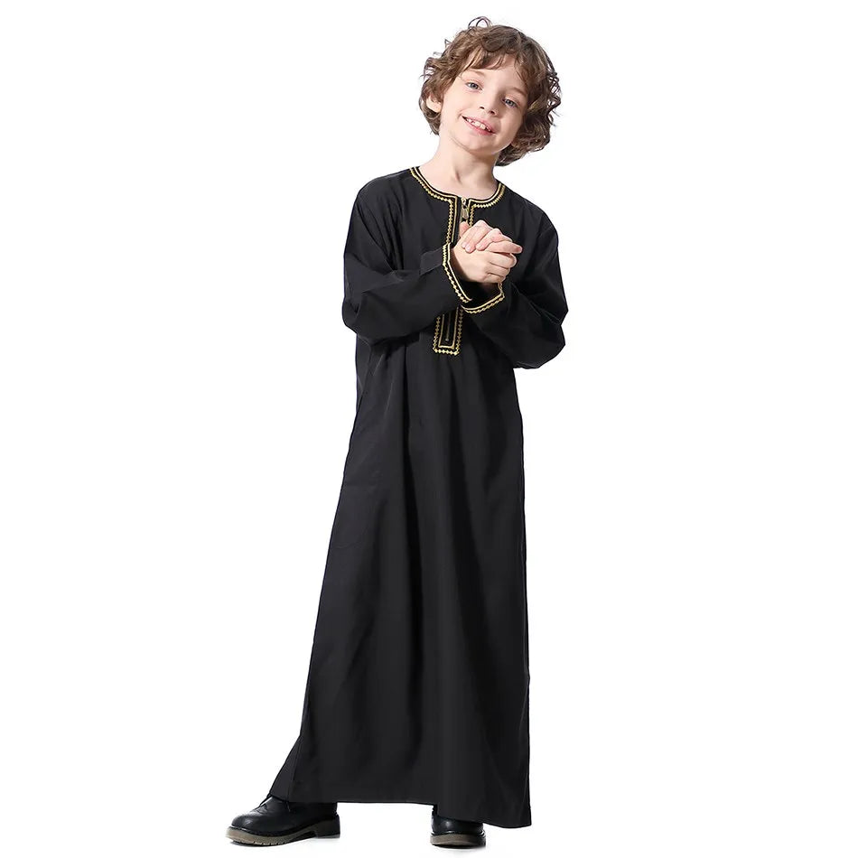 2025 New Children Thawb Teens Summer Muslim Robe Kids Arab Folk Clothes Boys Solid Color Thobe 5-14 Years National Outfit