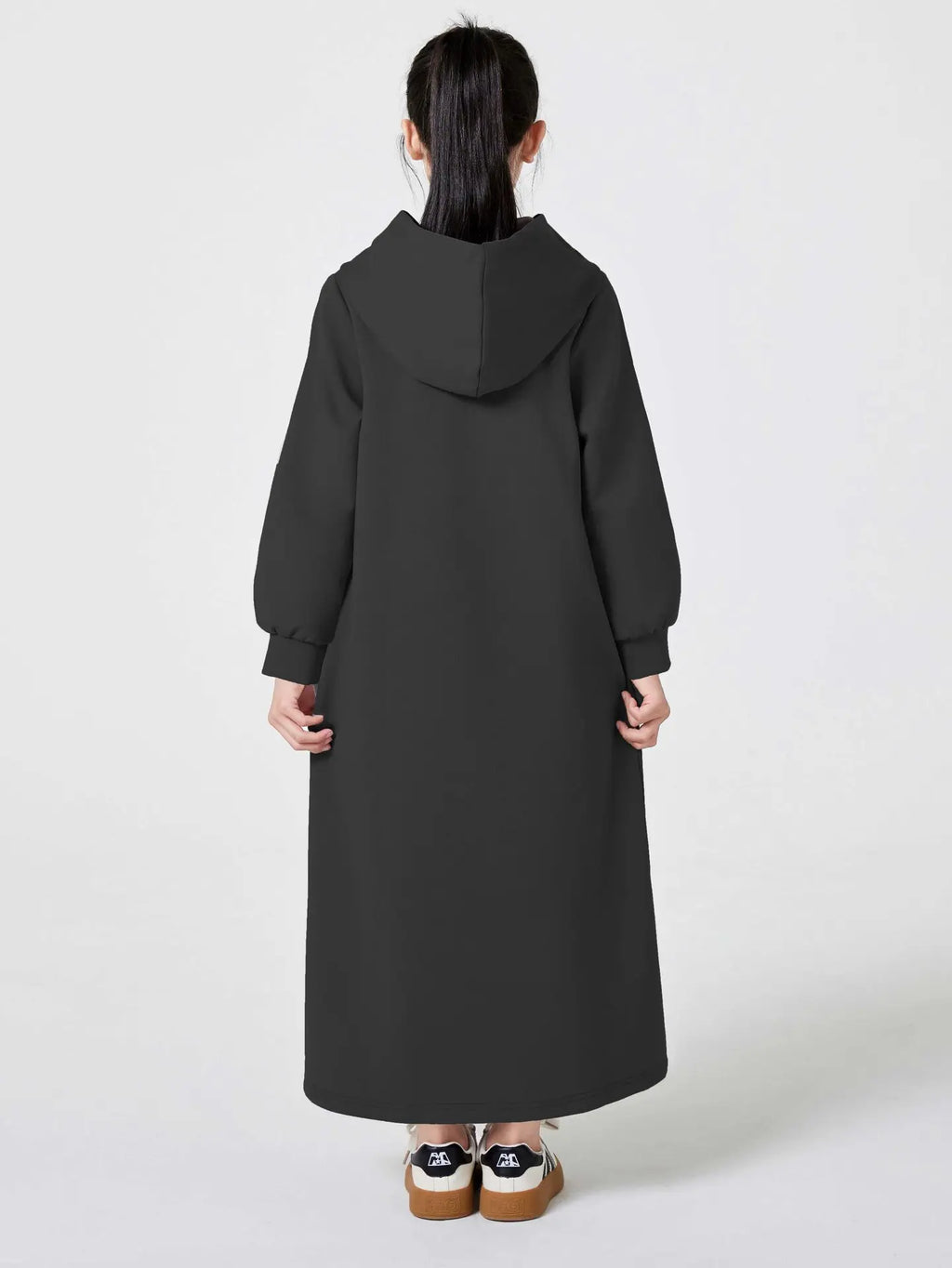Middle East Muslim Fashion Abayas for Girls Solid Color Simple Hoodie Dress with Pocket Hooded Cuff Design Eid Ramadan Kids Robe