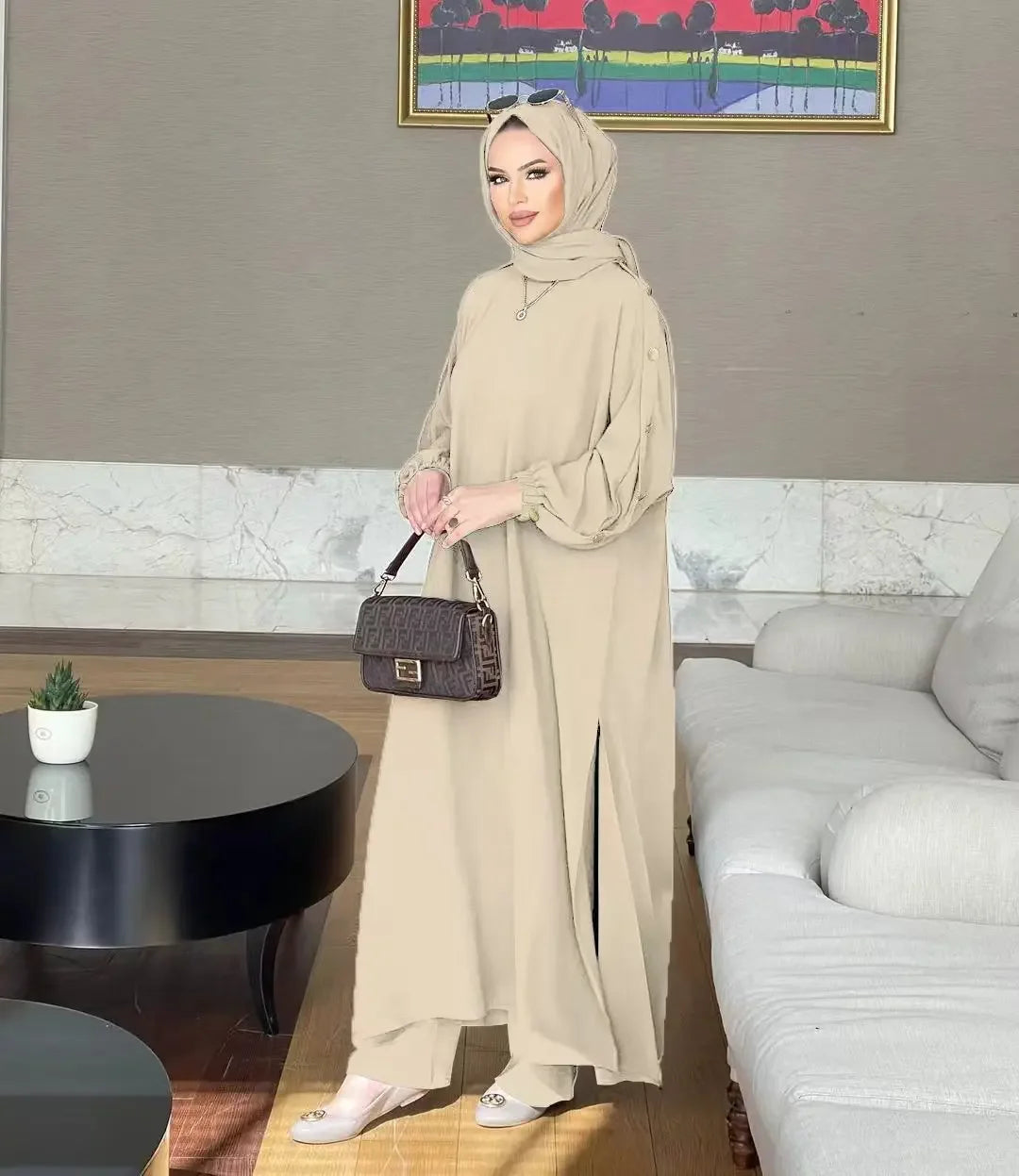New Muslim Women's Long Bubble Sleeve round Neck Gold Button Loose Casual Fashion Solid Color Set with Pocket