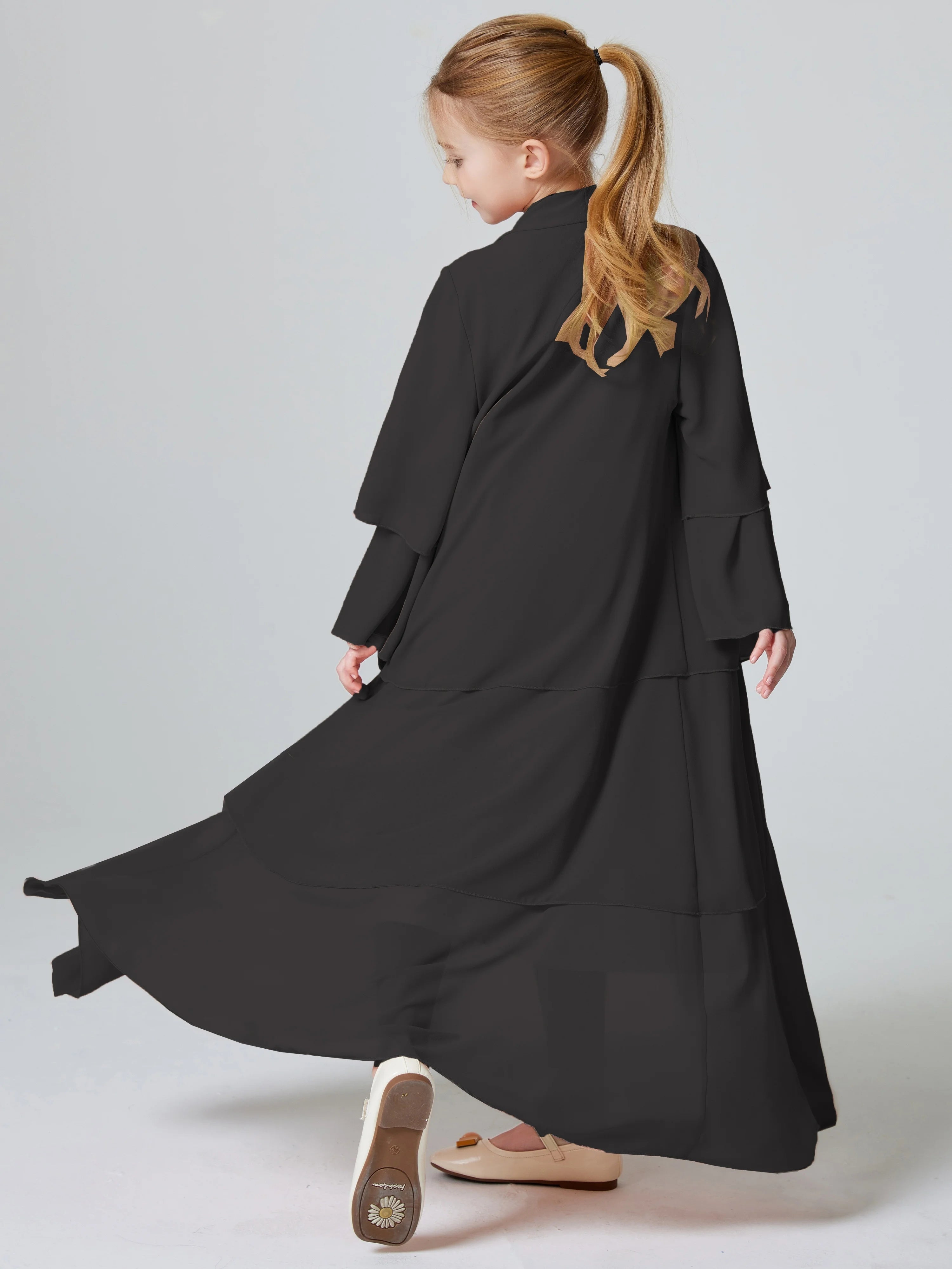 Ramadan Kebaya Muslim Girls Abaya 3 Layered Chiffon Kids Abaya Dress Open Front   Outerwear (Without Hijab)