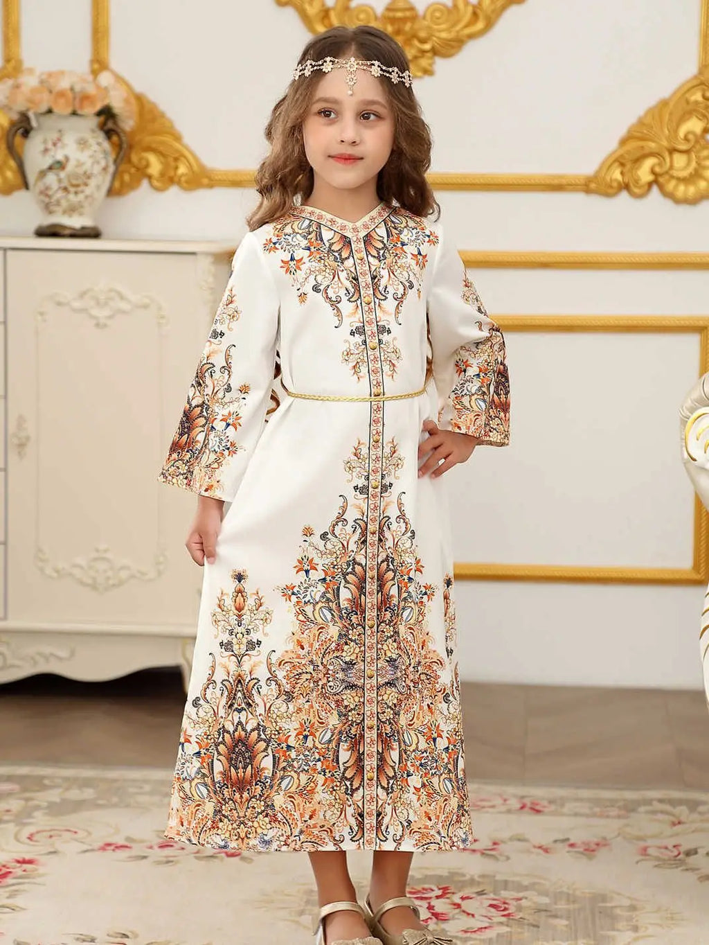 Middle East Robes for Girls Muslim Fashion Abayas Arabian Turkish Kaftan Dubai Islamic Children Clothing Print Dress Party Gowns