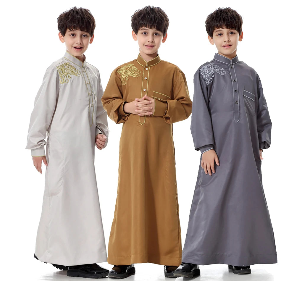 2025 New Kids Robe Children Embroidery Outfit Boys Ramadan Thawb Teens Long Sleeve National Clothes Arab Muslim Thobe 5-12 Years