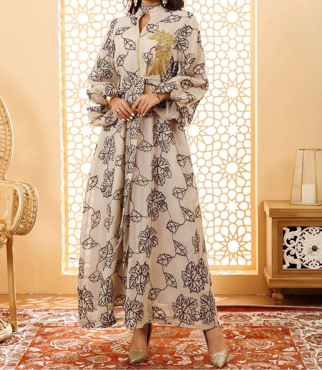 Luxury Muslim Abaya White Base Gold Floral Embroidered Long Dress with Belted Waist Elegant Modest Islam Formal Wear  Dubai