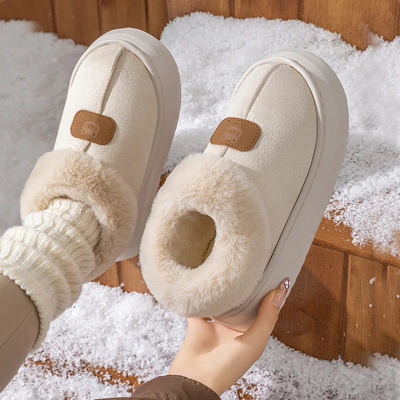Fashion Fluffy Platform Soft Sole Slippers for Women Plush Warm Cotton Shoes Comfortable Non-Slip Winter Unisex Home Slipper