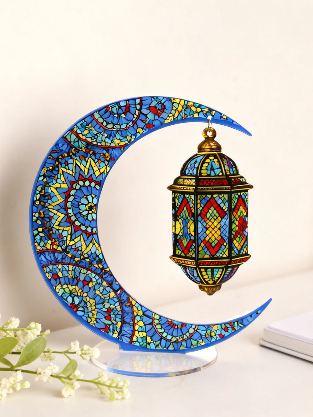 Ramadan Mubarak Decor Crescent Moon Table Ornaments with Lantern Pendant Islamic Eid Festival Home Decorations Muslim Party Gift