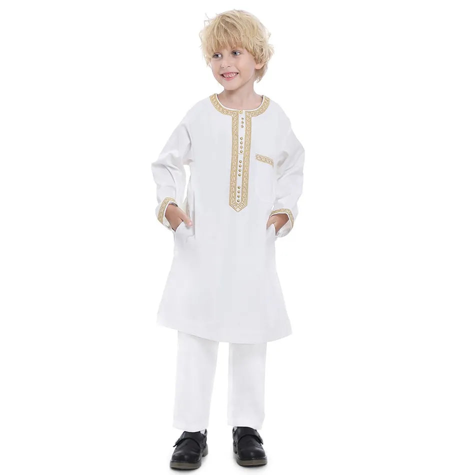 Ramadan Eid Muslim Boys Clothing Set Arab Thobe 2-Piece Outfit Long Sleeve Traditional for Kids Summer National Festival Costume