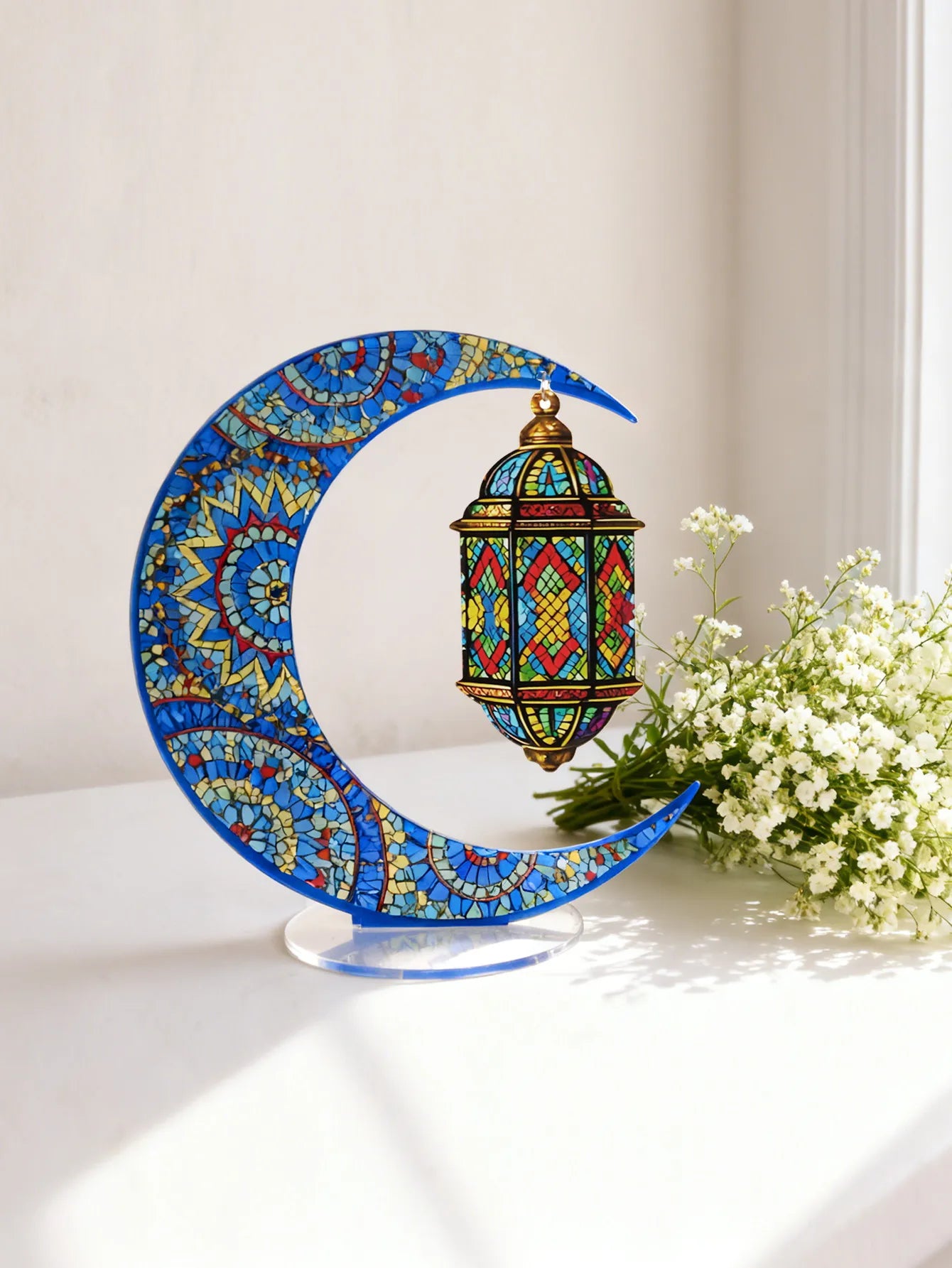 Ramadan Mubarak Decor Crescent Moon Table Ornaments with Lantern Pendant Islamic Eid Festival Home Decorations Muslim Party Gift