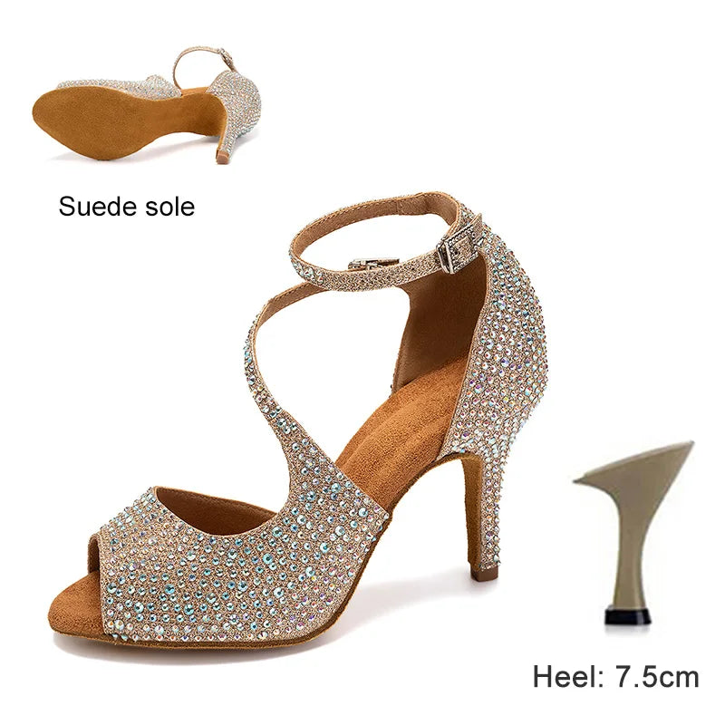 Dance Shoes For Women Ballroom Tango Rhinestones Dancing Shoes High Heels Black/Silver/Gold Women's Wedding Shoes