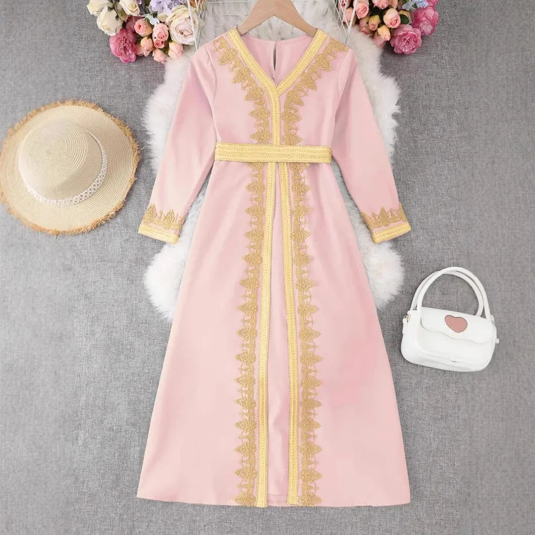 New Girl Ethnic Kaftan Dress Fashion Muslim Child Lace With Bow Belt Long Sleeves Dubai Banquet Gown Dress
