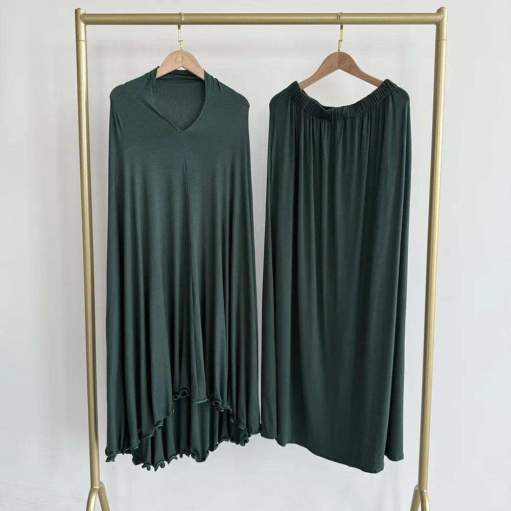 Cotton Jersey Prayer Set Stretchy EID Ramadan Islam Muslim Women Satin Rope Instant Hijab Khimar Skirt Pockets 2 Piece Jilbab