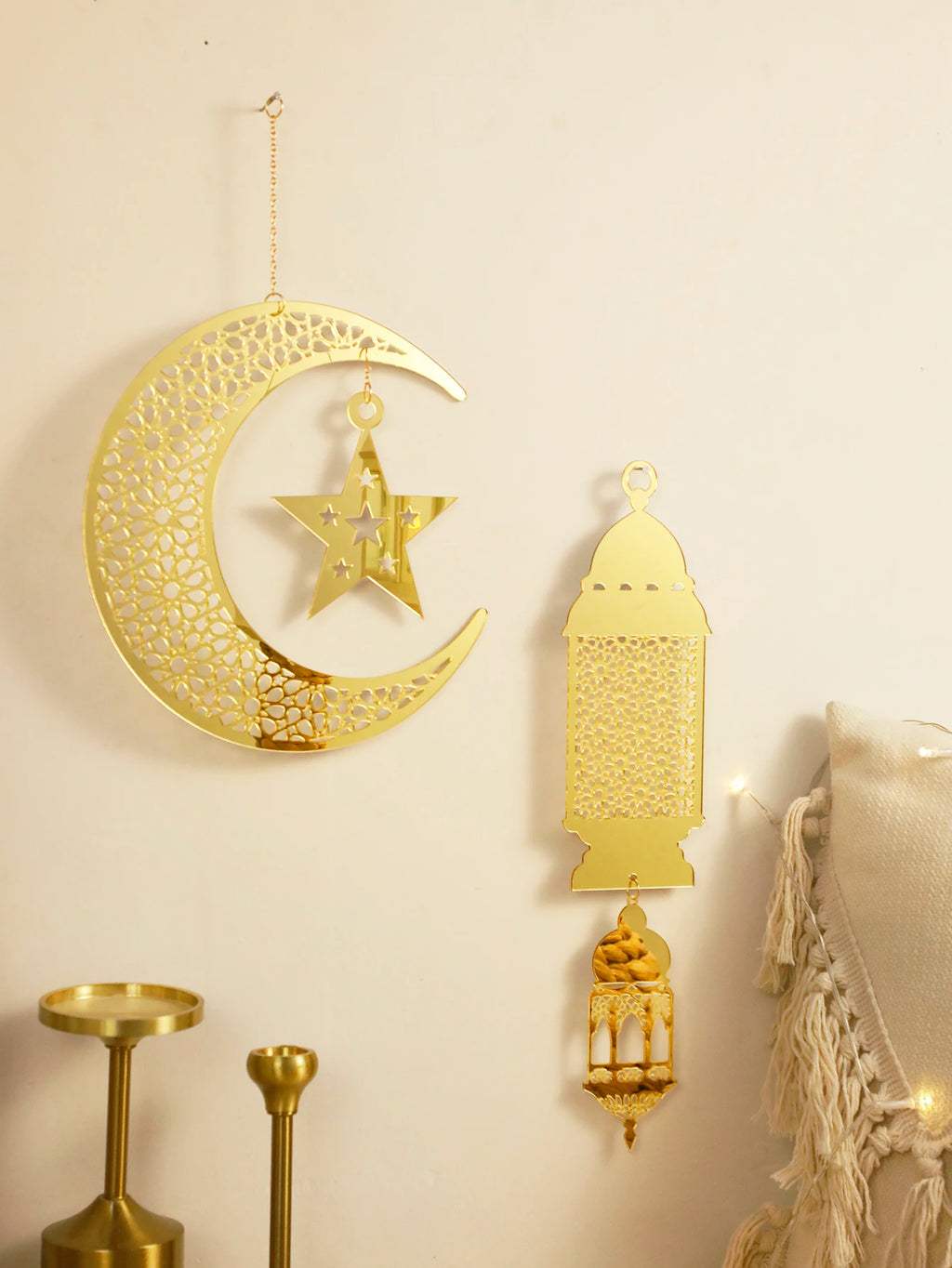 Gold Ramadan Acrylic Moon Hanging Ornaments with Hollow Mesh Star，Eid Mubarak Muslim Decor，Lanterns Wall Decor，Ramadan Kareem