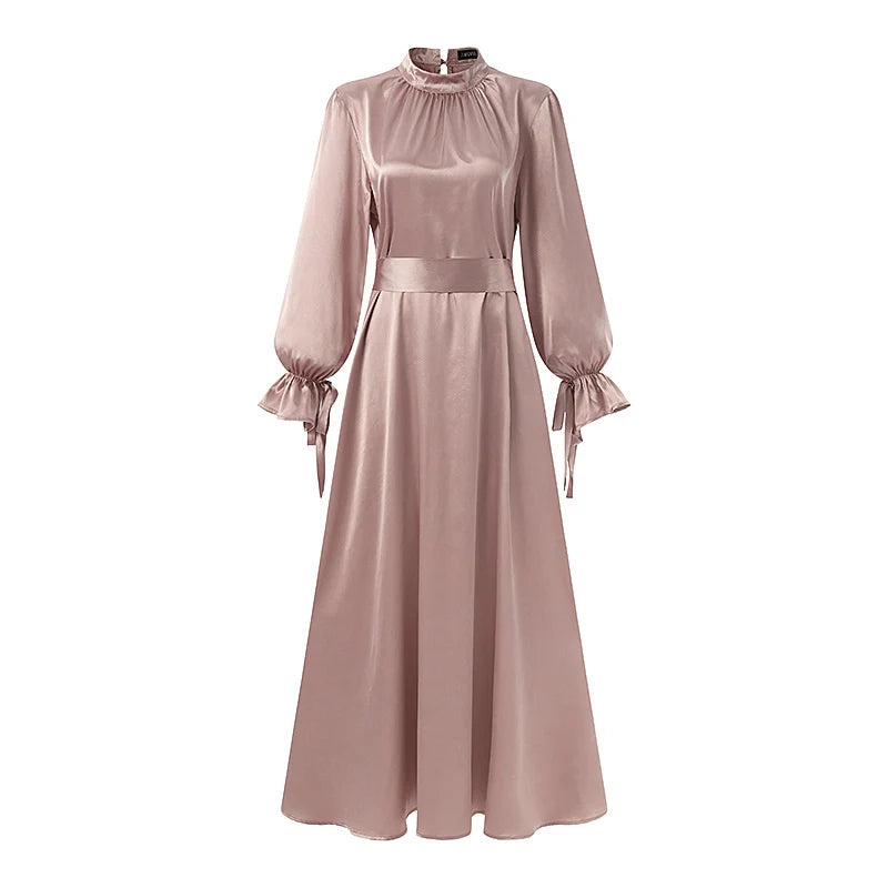 Elegant Satin Long Dresses Women Muslim Fashion Cinched Waist Hijab Islamic Abaya Robes utumn Long Sleeve Vestidos