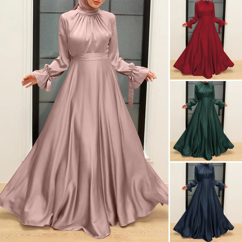 Elegant Satin Long Dresses Women Muslim Fashion Cinched Waist Hijab Islamic Abaya Robes utumn Long Sleeve Vestidos