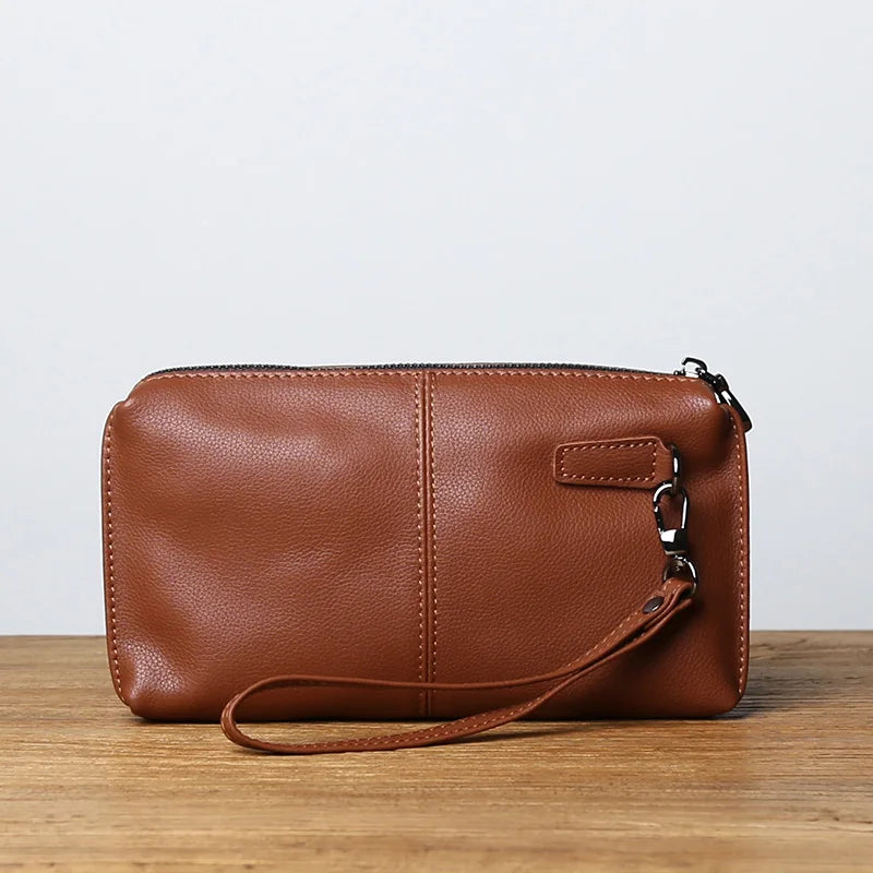 Leather Leisure  With Long Purse, Soft Leather, Hand Zipper, Money Chuck Layer, Cowhide Credit Card Bag, Cell Phone Bag