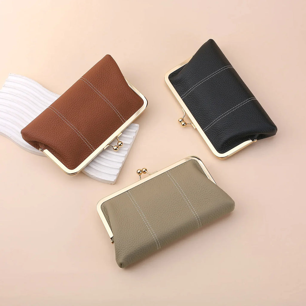 Genuine Leather Ladies Multi-Functional Clip-On Wallet Long Dinner Bag Lychee Pattern Top Layer Cowhide Handbag Soft Shell