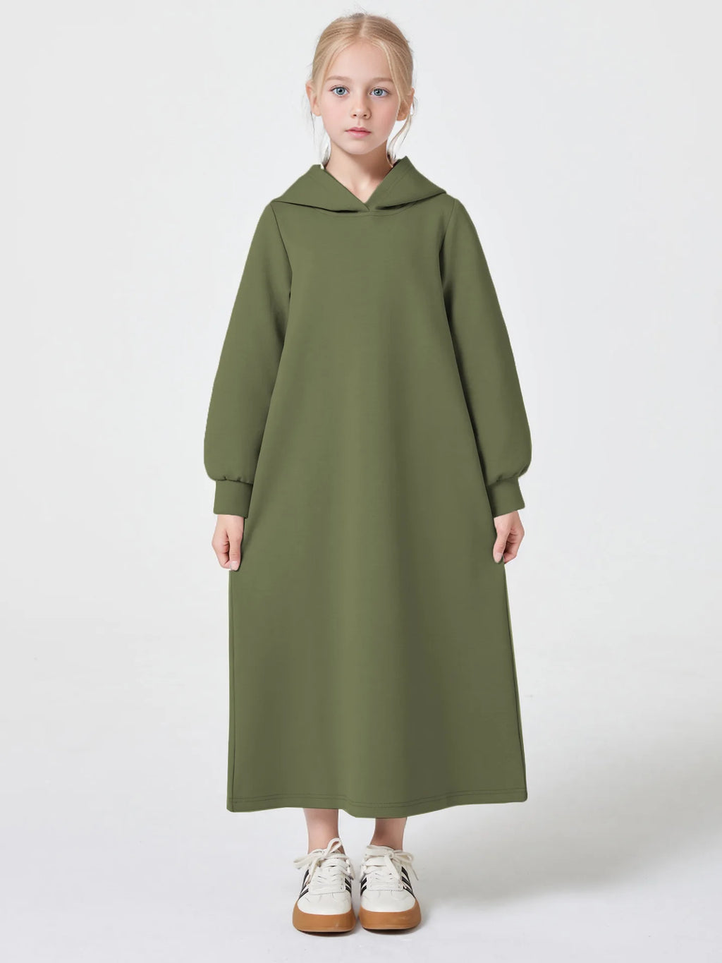 Middle East Muslim Fashion Abayas for Girls Solid Color Simple Hoodie Dress with Pocket Hooded Cuff Design Eid Ramadan Kids Robe