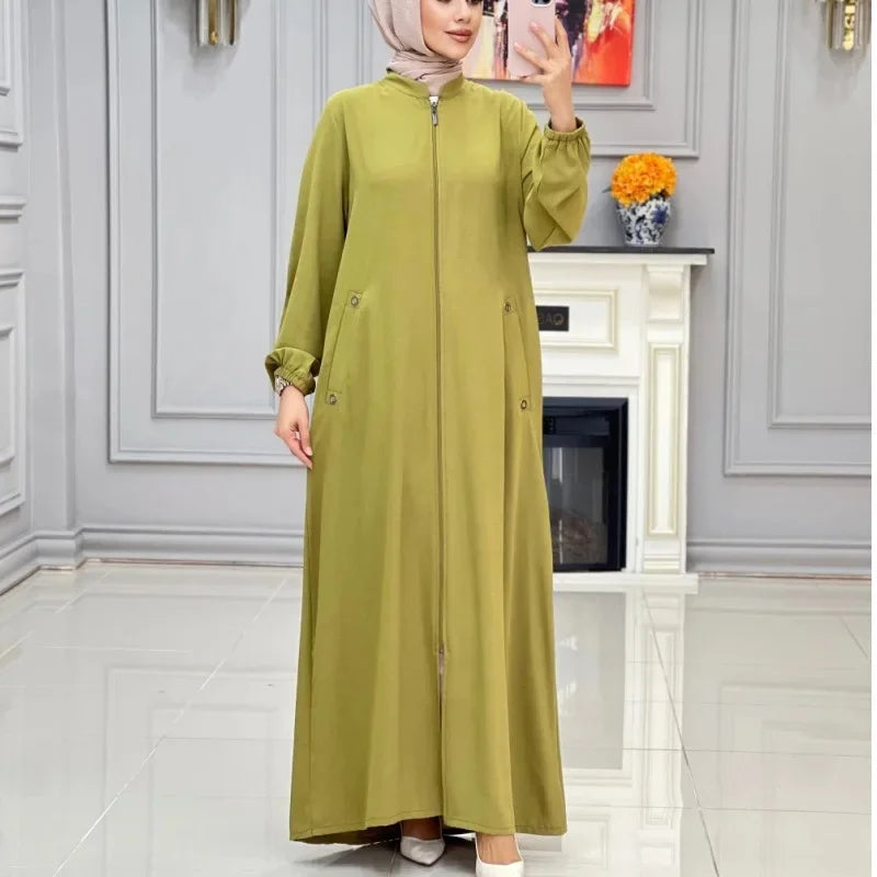 Middle East Dubai New Hot Sale Of The Season Women's Fashion Stand Collar Zipper Pocket Loose Casual Dress Gown Comfortable Eleg
