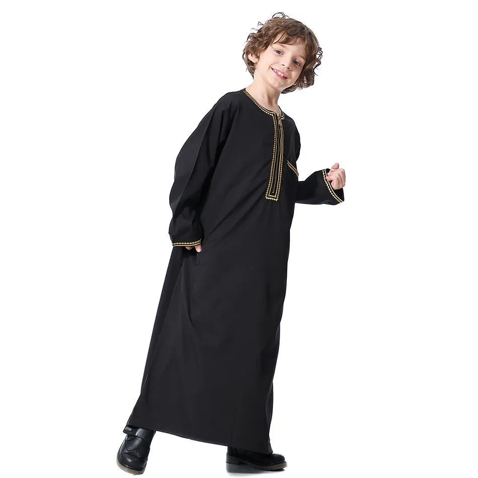 2025 New Children Thawb Teens Summer Muslim Robe Kids Arab Folk Clothes Boys Solid Color Thobe 5-14 Years National Outfit