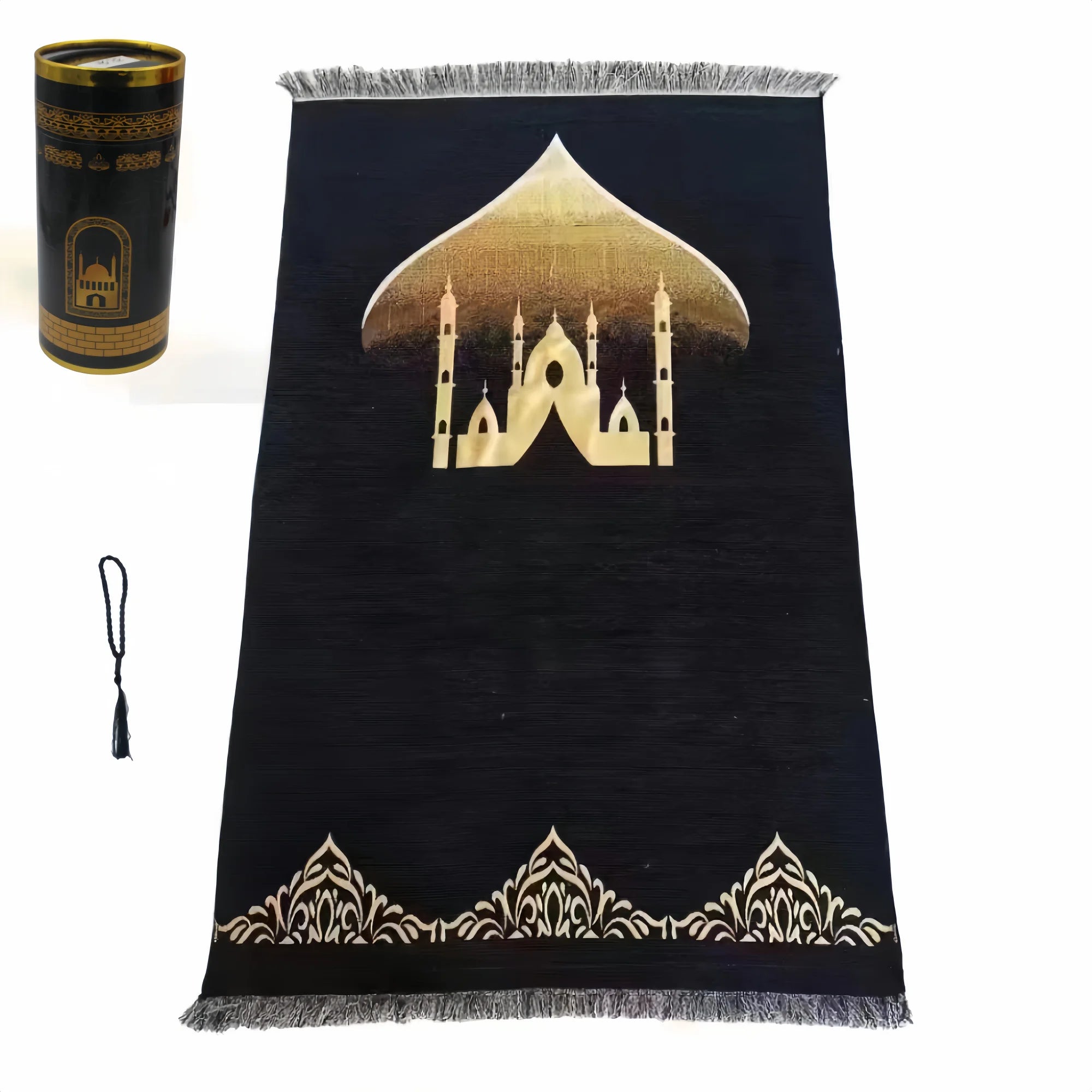 Muslim Prayer Rug and Prayer Beads with Elegant Design Cylinder Gift Box Soft Islamic Gifts Set Carpet Mat Black
