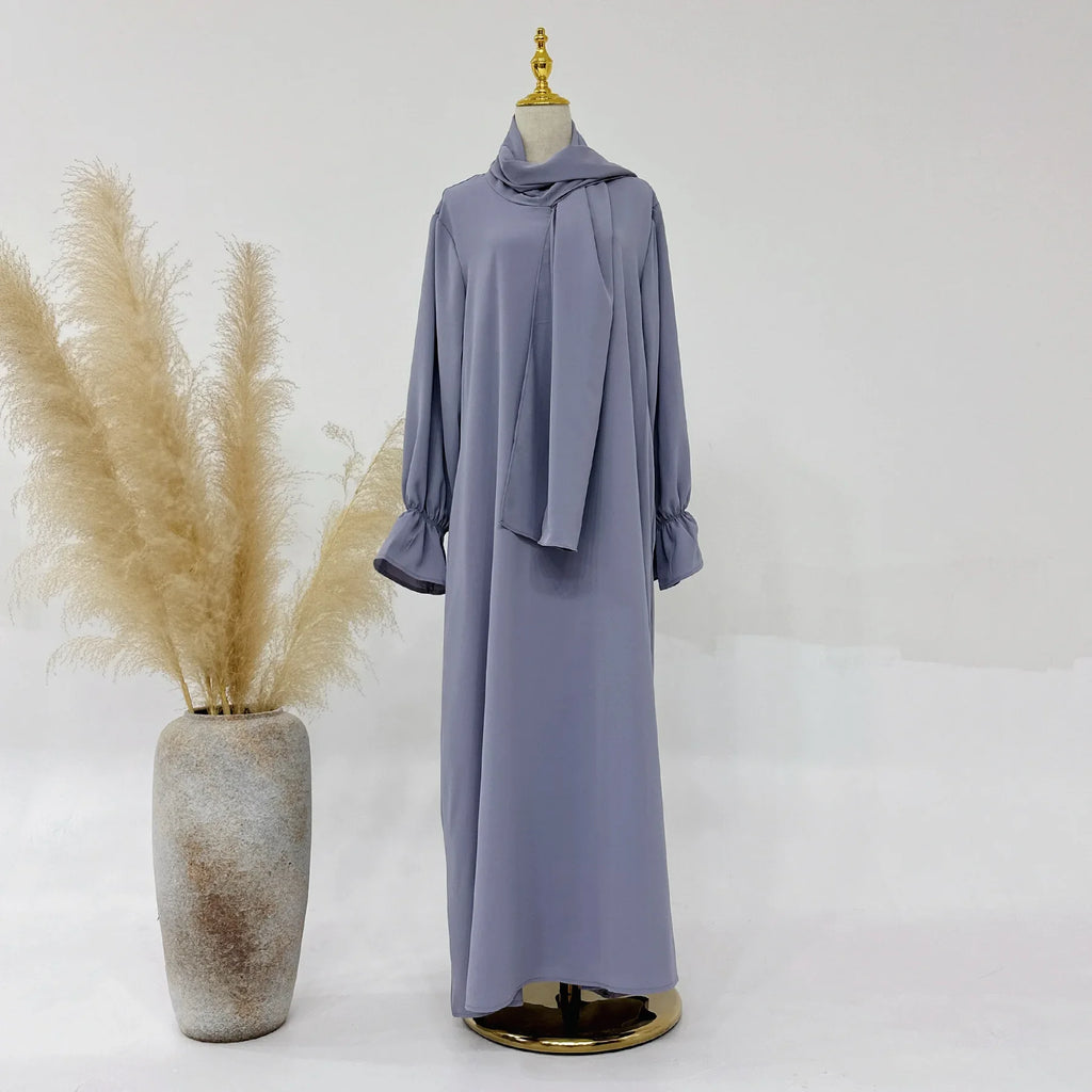 Eid Abaya with Integrated Hijab Scarf Zipper Front Islamic Jilbab One Piece Muslim Women Dress Prayer Clothes Dubai Ramadan