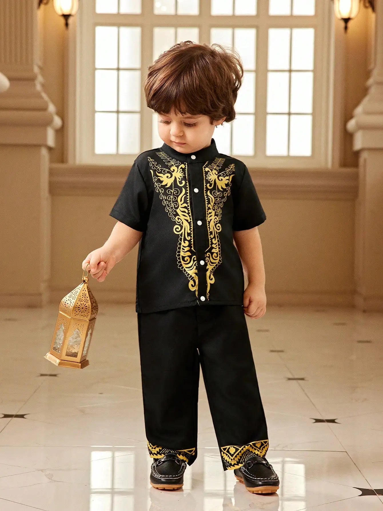 Middle Eastern Style Traditional Suit Summer Black Short Sleeve Trousers Yellow Print Cute Lively Comfortable Fashion Baby Boy