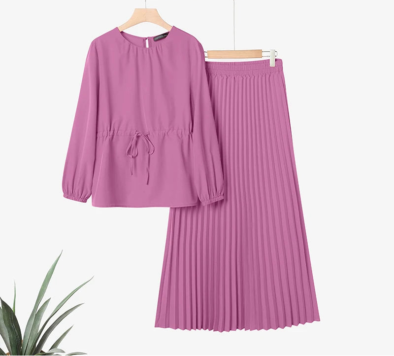 Autumn Outfits Muslim Women 2 Piece Sets Elegant Fashion Long Sleeve Tops Pleated Maxi Skirts Suit 2PCS Tracksuits