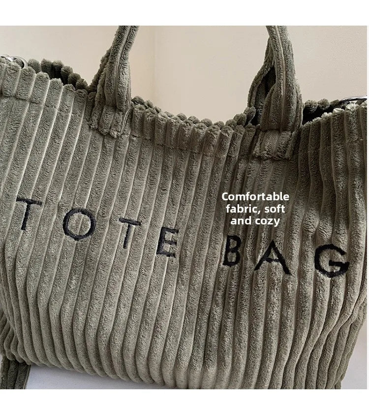 Large Capacity Striped Velvet Handbag Shoulder Bag for Woman Handbags Crossbody Bags, Versatile Letter Corduroy Women's Tote Bag