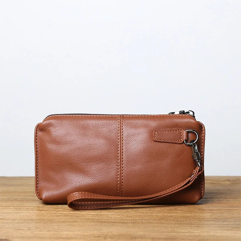 Leather Leisure  With Long Purse, Soft Leather, Hand Zipper, Money Chuck Layer, Cowhide Credit Card Bag, Cell Phone Bag