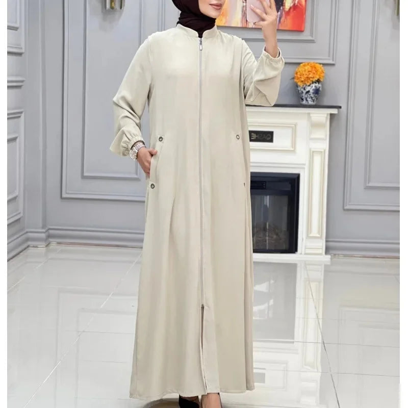 Middle East Dubai New Hot Sale Of The Season Women's Fashion Stand Collar Zipper Pocket Loose Casual Dress Gown Comfortable Eleg