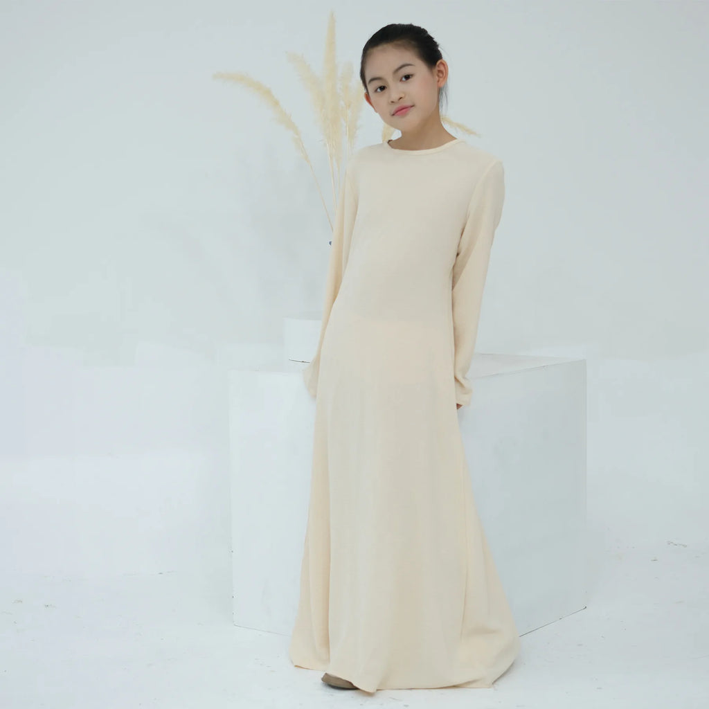 Muslim Kids Abaya Middle East Arab Children Long Sleeves Plain Color Dress Turkey Robe Islamic Girls Round Neck Clothing Modest
