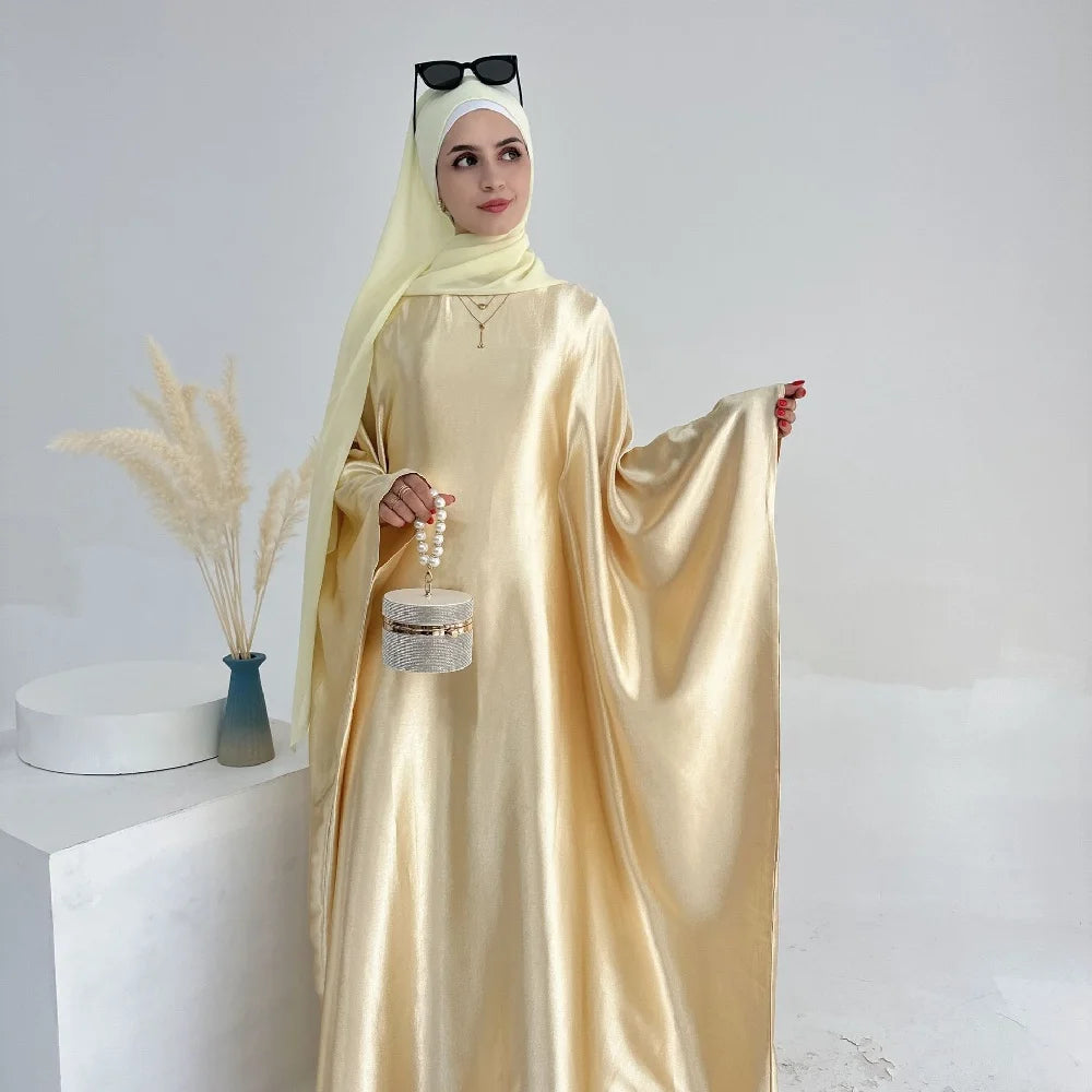 Batwing Satin Shimmer Abaya Damen Dubai Luxury Islam Muslim Kaftan Dress Women Kebaya Vestidos Djellaba Robe Femme Musulmane