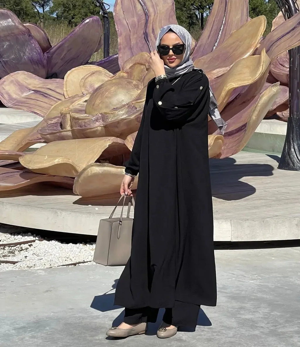 New Muslim Women's Long Bubble Sleeve round Neck Gold Button Loose Casual Fashion Solid Color Set with Pocket