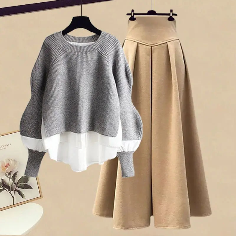 Spring/Autumn New Korean Elegant Splice Fake Two Piece Knitted Sweater Dress
