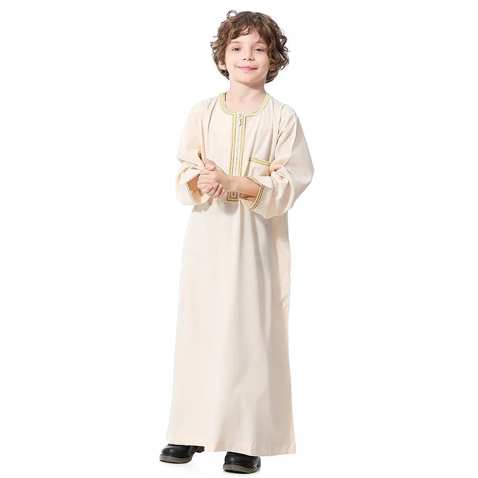 2025 New Children Thawb Teens Summer Muslim Robe Kids Arab Folk Clothes Boys Solid Color Thobe 5-14 Years National Outfit