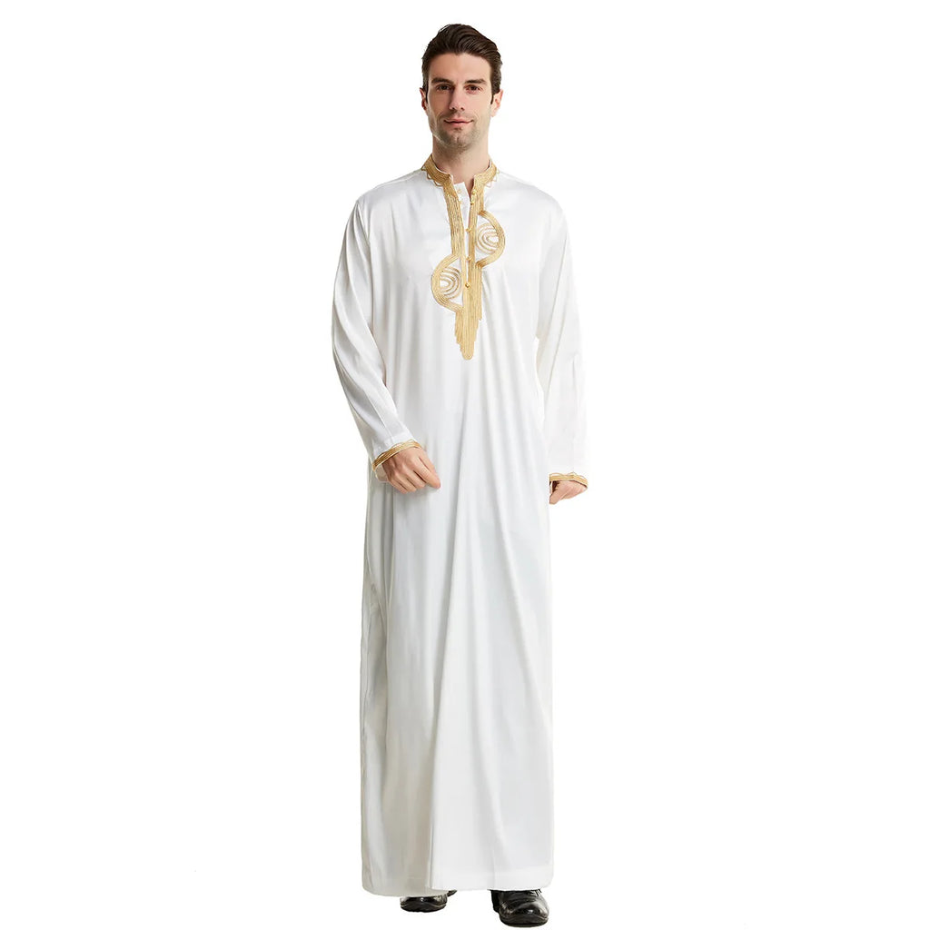 Men's Fashion Embroidered Long Robe Muslim Jubba Thobe Stand Collar Long Sleeve Daily Wear Polyester Spring Autumn