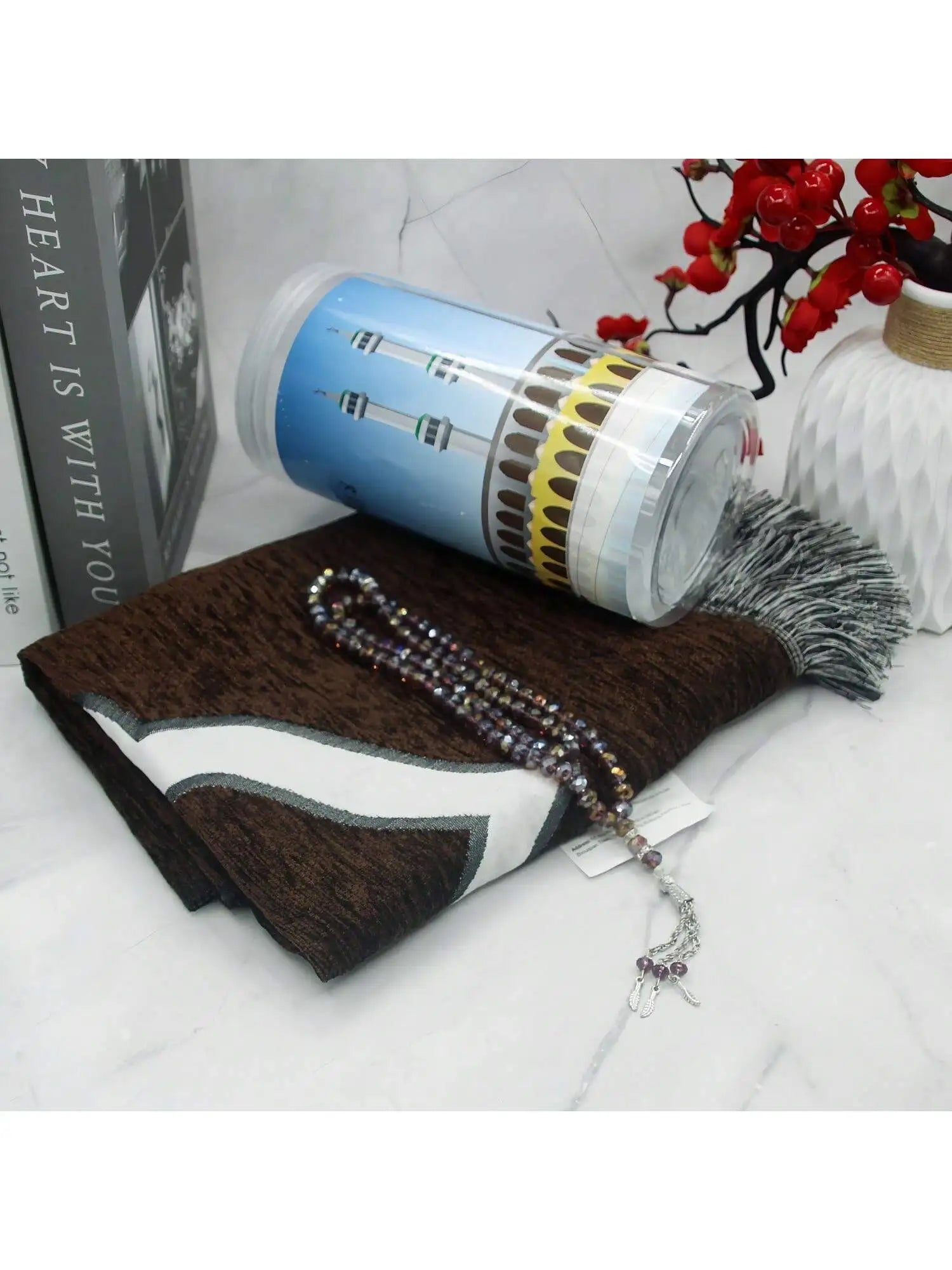 Muslim Prayer Rug and Prayer Beads with Elegant Design Cylinder Gift Box  Islamic Gifts Set Carpet Mat Soft Fabric Black