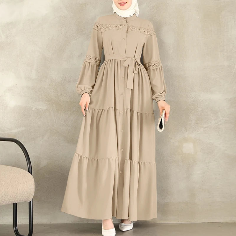 Dresses Elegant Lace Patchwork O-Neck Long Sleeve Belted Tiered A-Line Dress Abaya Robes