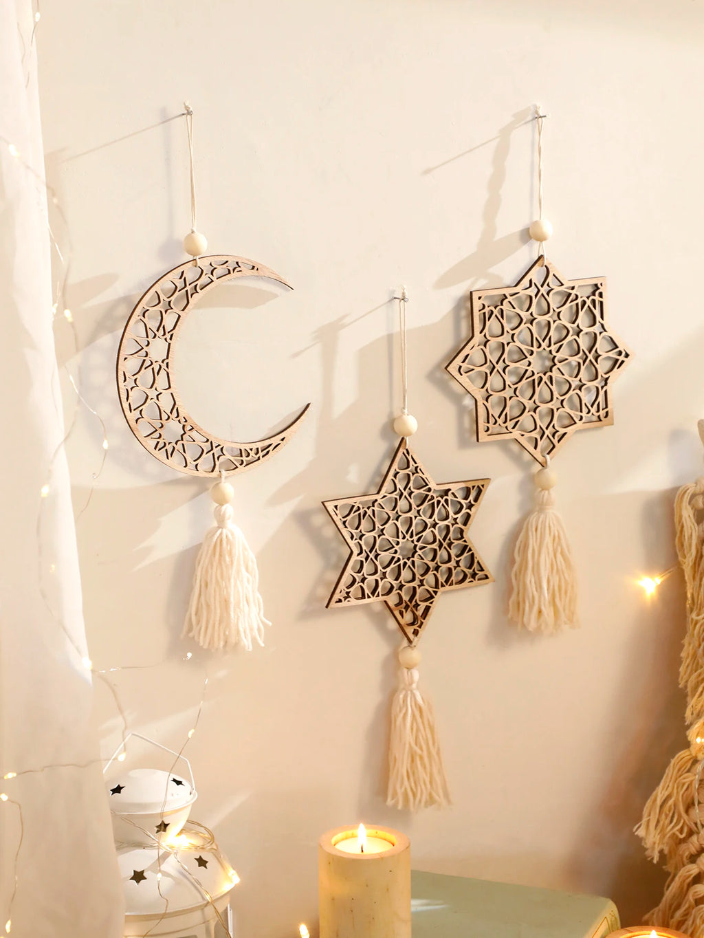 1/3Pcs Wooden Ramadan Hanging Ornaments With Tassels ,Eid Mubarak muslim decor Ramadan Kareem，Khaki Moon Ornaments Crafts Gift