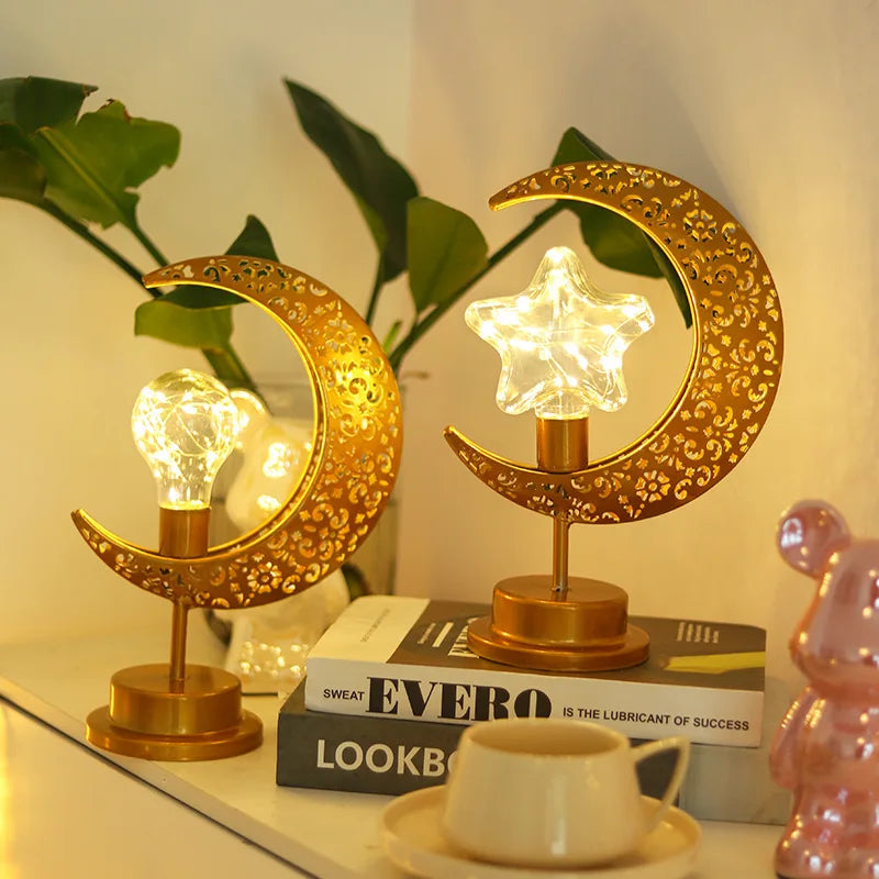 Ramadan Crescent Moon and Star Night Light Creative Eid Mubarak Led Light Islamic Muslim Desktop Decor Eid Party Supplies