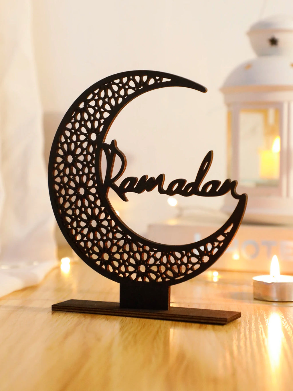 Eid Mubarak Wooden Moon Ornaments，Black Ramadan Kareem muslim decor ，Happy Ramadan Table decorations，Islamic Festival Decoration